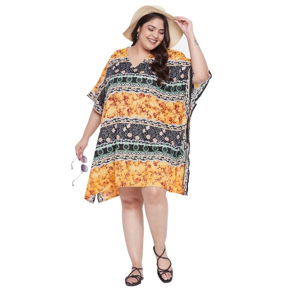 Multicolor Print V-Neck Tunic Top Yellow Black Plus Size Mini Dress Kaftan - Picture 1 of 7